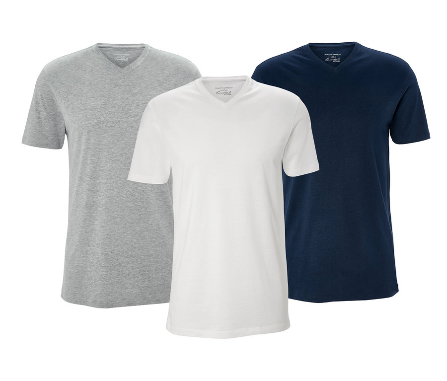 Tři trička s výstřihem do V: šedé, bílé a tmavě modré.