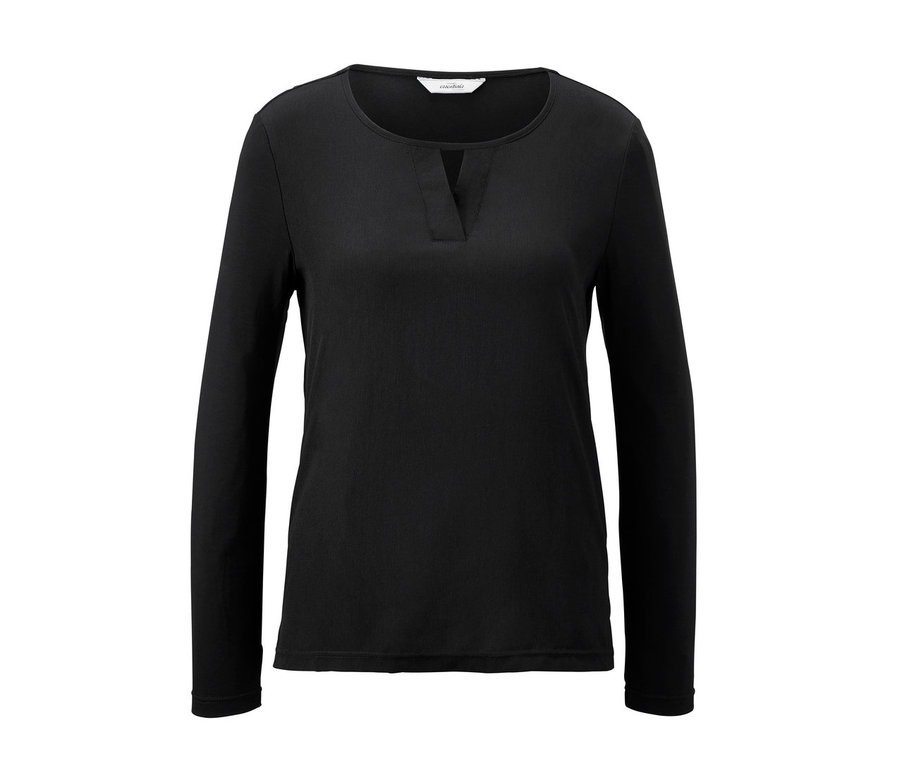 Černé halenkové tričko s tkanou vsadkou uprostřed výstřihu.