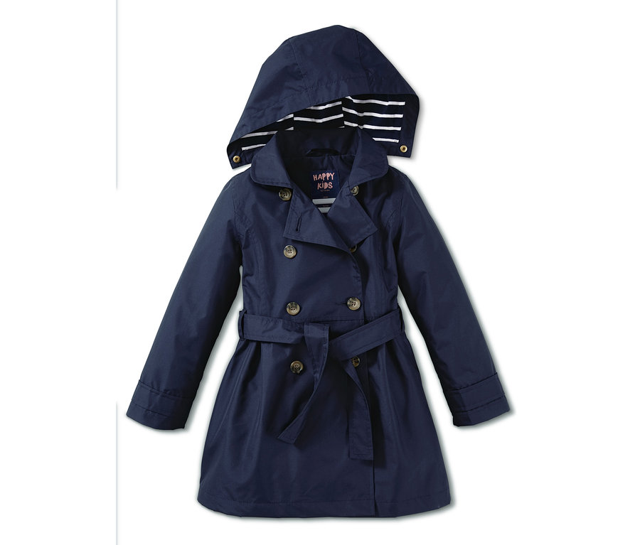 Tmavě modrý trenčkot do každého počasí s kapucí a páskem.