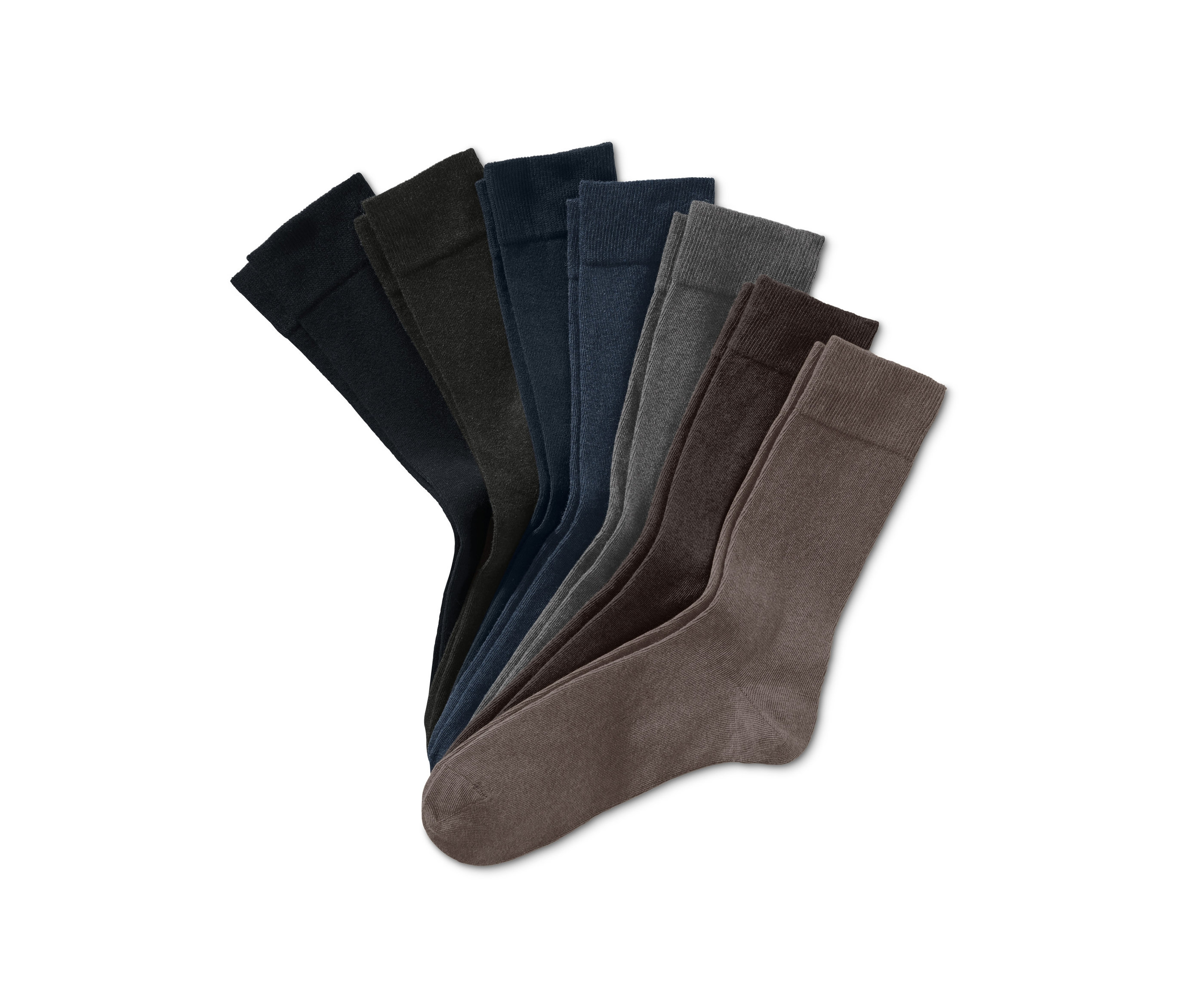 Sada sedmi párů ponožek různých barev.