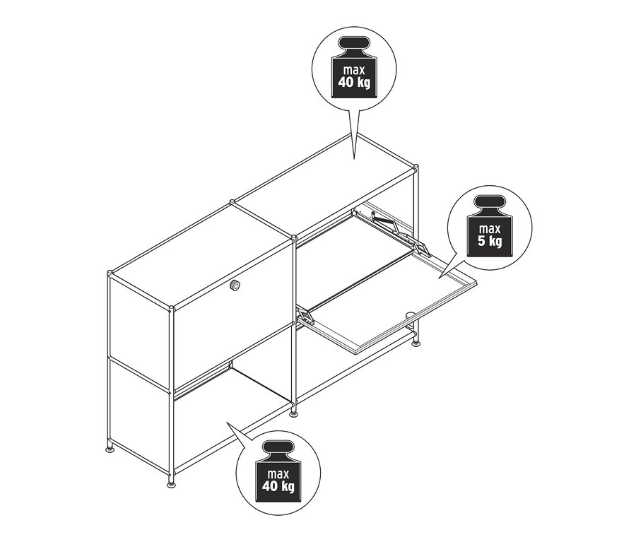 Nákres kovové odkládací skříňky se 2 přemístitelnými výklopnými dvířky, s vyznačenou maximální nosností 40 kg na horní a spodní polici a 5 kg na výklopné dveře.