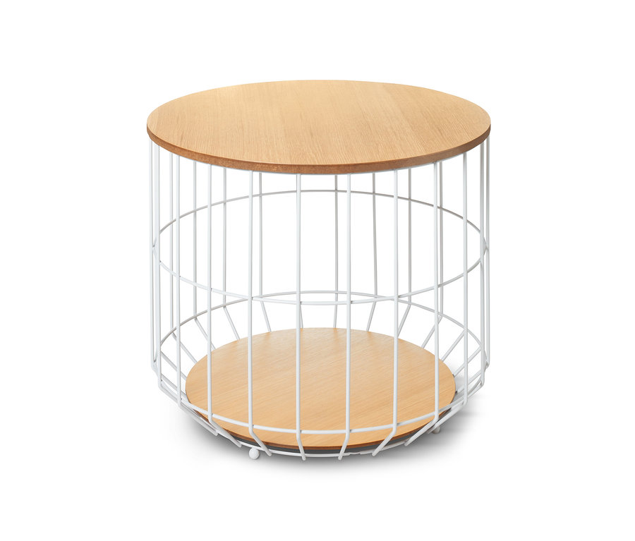 Konferenční stolek s odnímatelnou deskou. Stolek má bílý drátěný rám a kulatou dřevěnou desku.