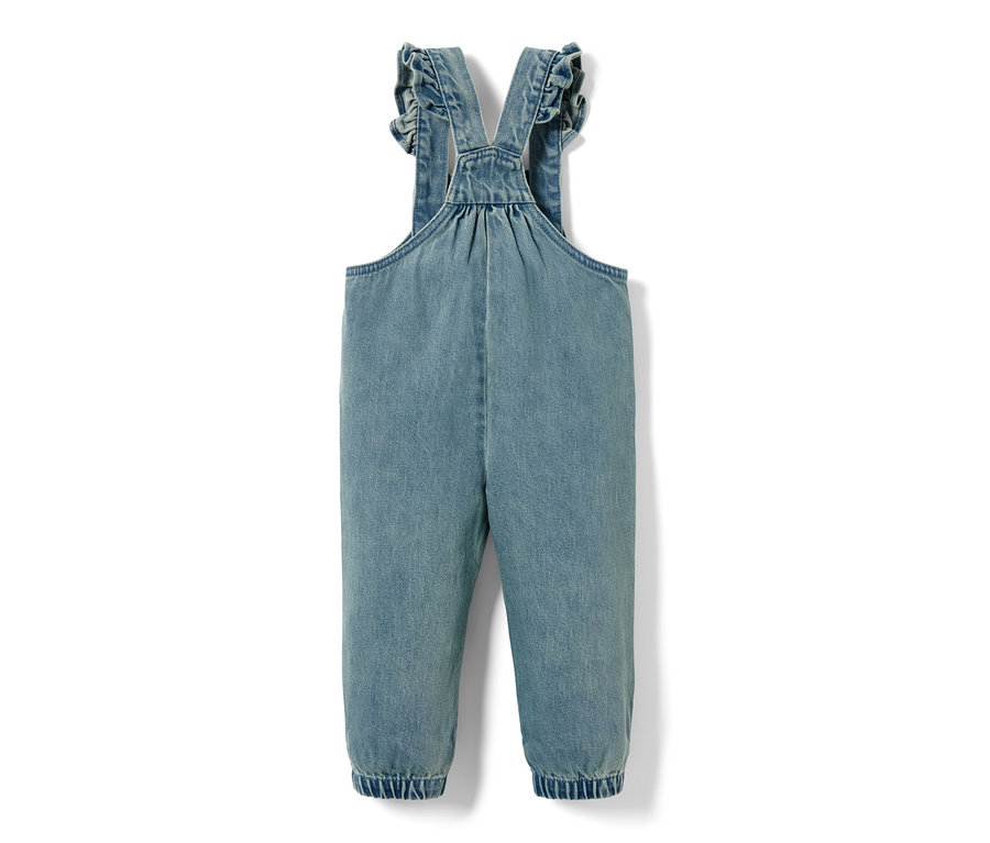 Modré džínové kalhoty s laclem s volánky na ramínkách.