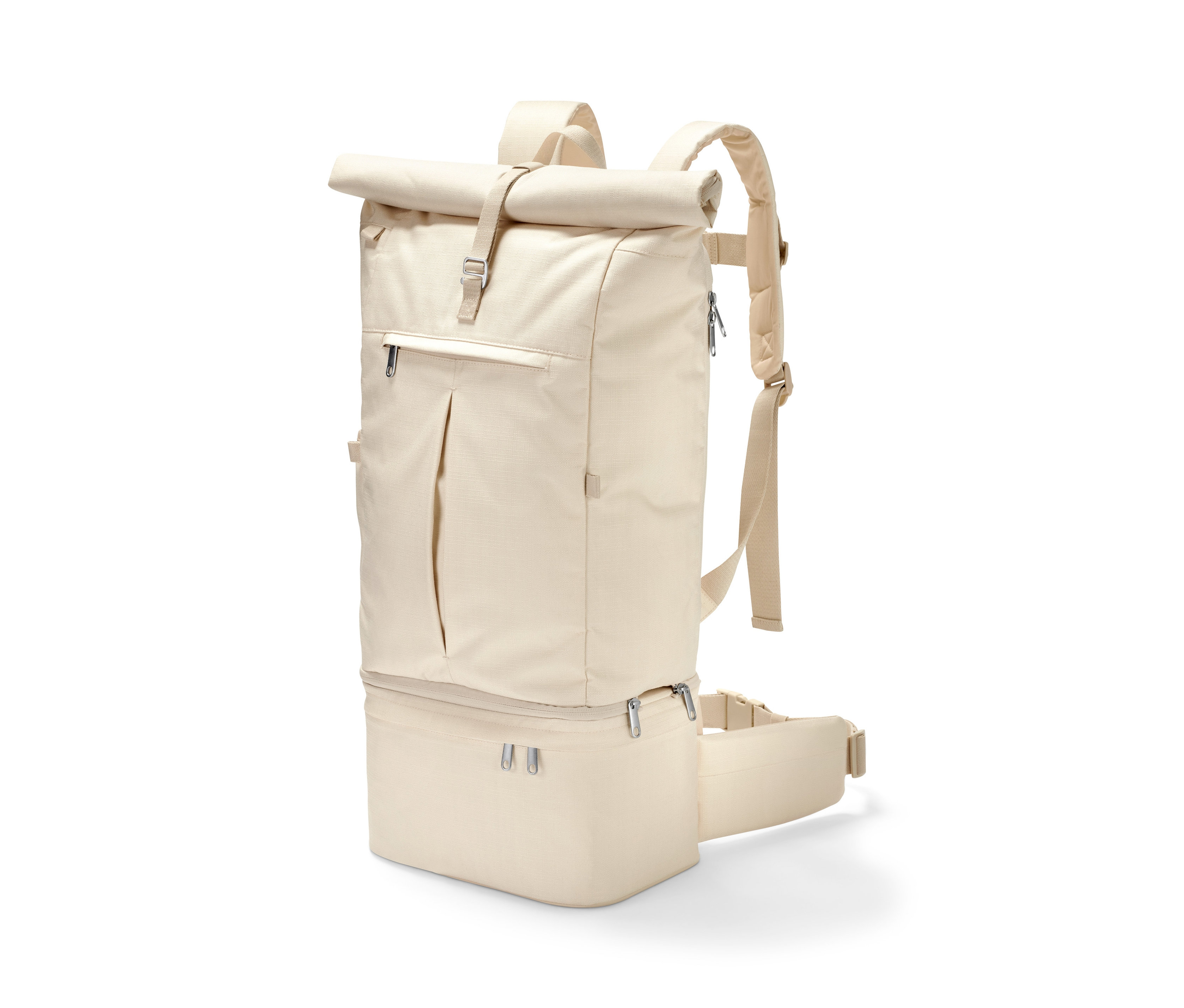 Béžový cestovní batoh 3 v 1 na bílém pozadí.