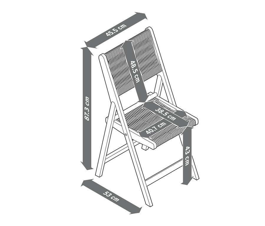 Rozměry skládací židle »Lenja« s textilním výpletem.