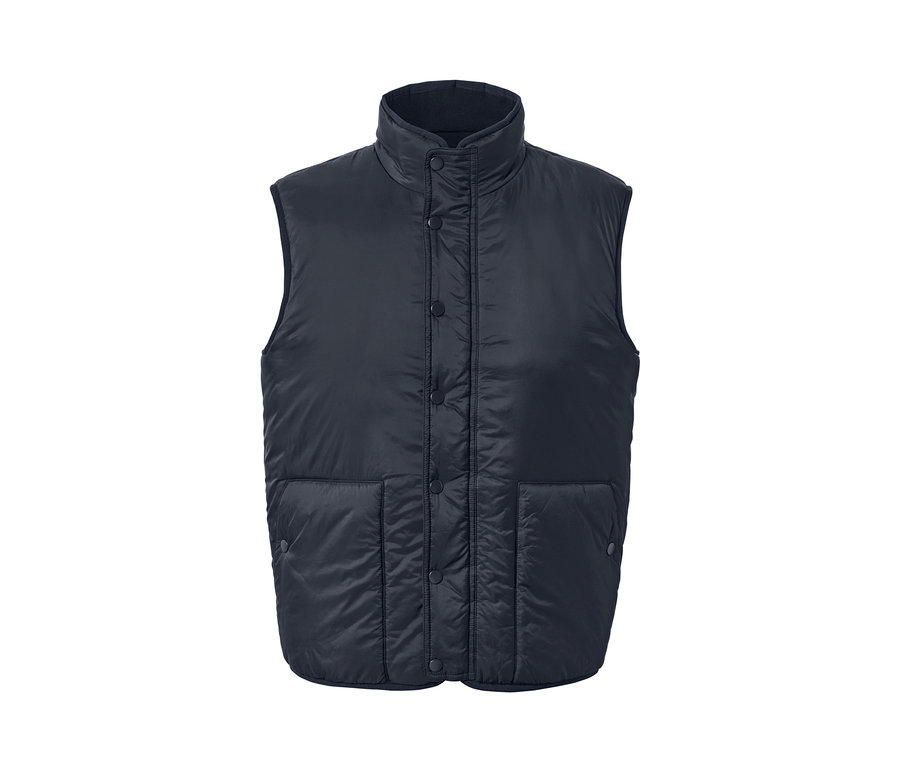 Tmavě modrá oboustranná vesta s knoflíky a kapsami.