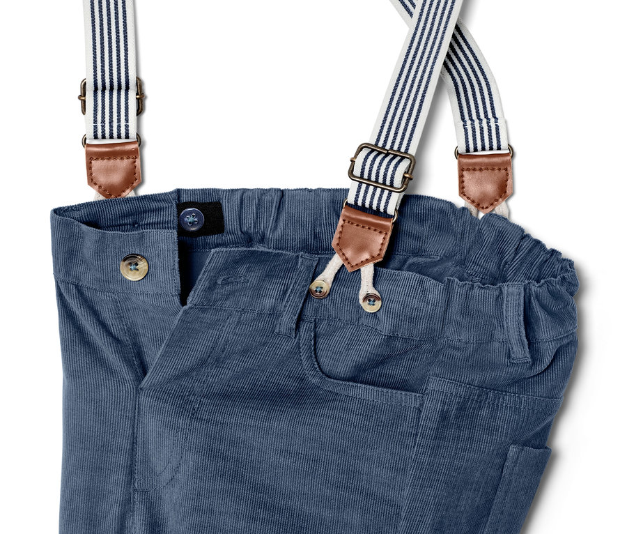 Detail dětských manšestrových kalhot s odnímatelnými šlemi, modré.