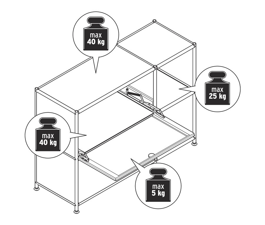 Náčrt bílé kovové odkládací skříňky »CN3« se 2 výklopnými dvířky a maximální nosností 40 kg na horní a spodní polici, 25 kg na vnitřní polici a 5 kg na výklopná dvířka.
