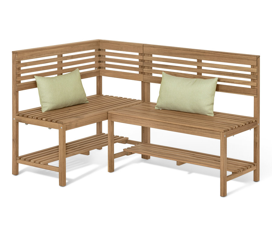 Rohová jídelní lavice »Lenja« z hnědého dřeva se dvěma světle zelenými polštáři.