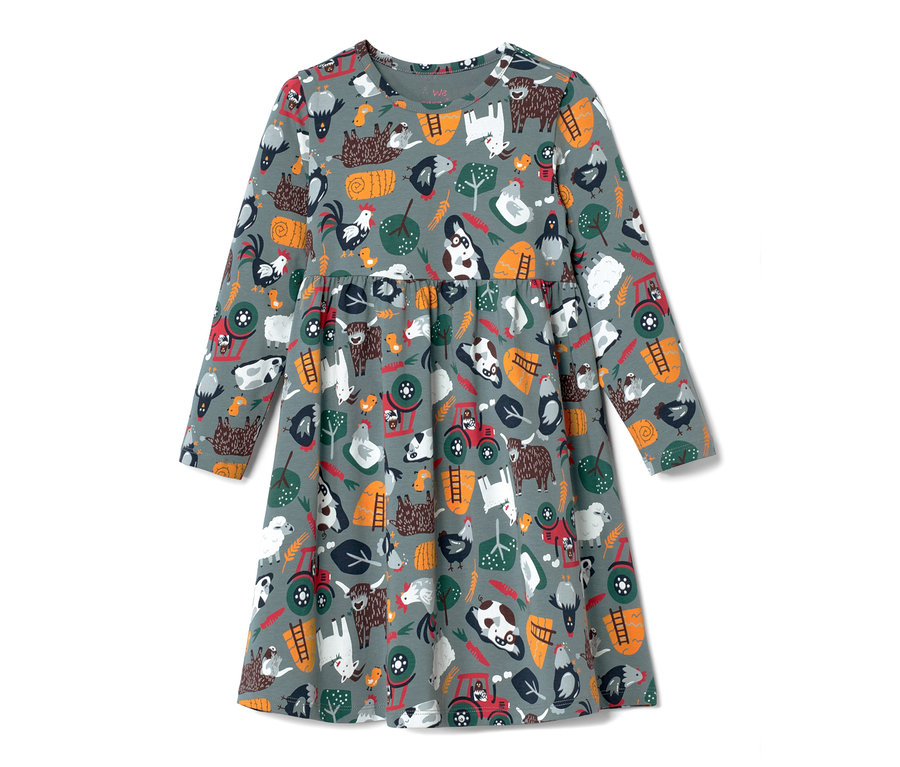 Šedé žerzejové šaty pro miminka s celoplošným potiskem zvířat a zemědělských motivů.