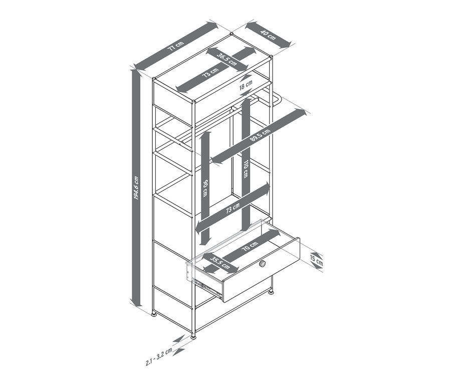 Nákres kovové šatní skříně »CN3« s šatní tyčí a 3 zásuvkami s vyznačenými rozměry.