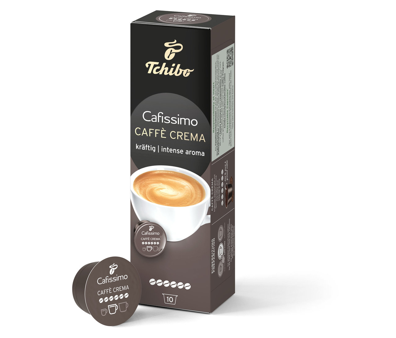 Balení Cafissimo Caffè Crema silná s 10 kapslemi vedle jedné kapsle. Na obalu je vyobrazen šálek kávy.