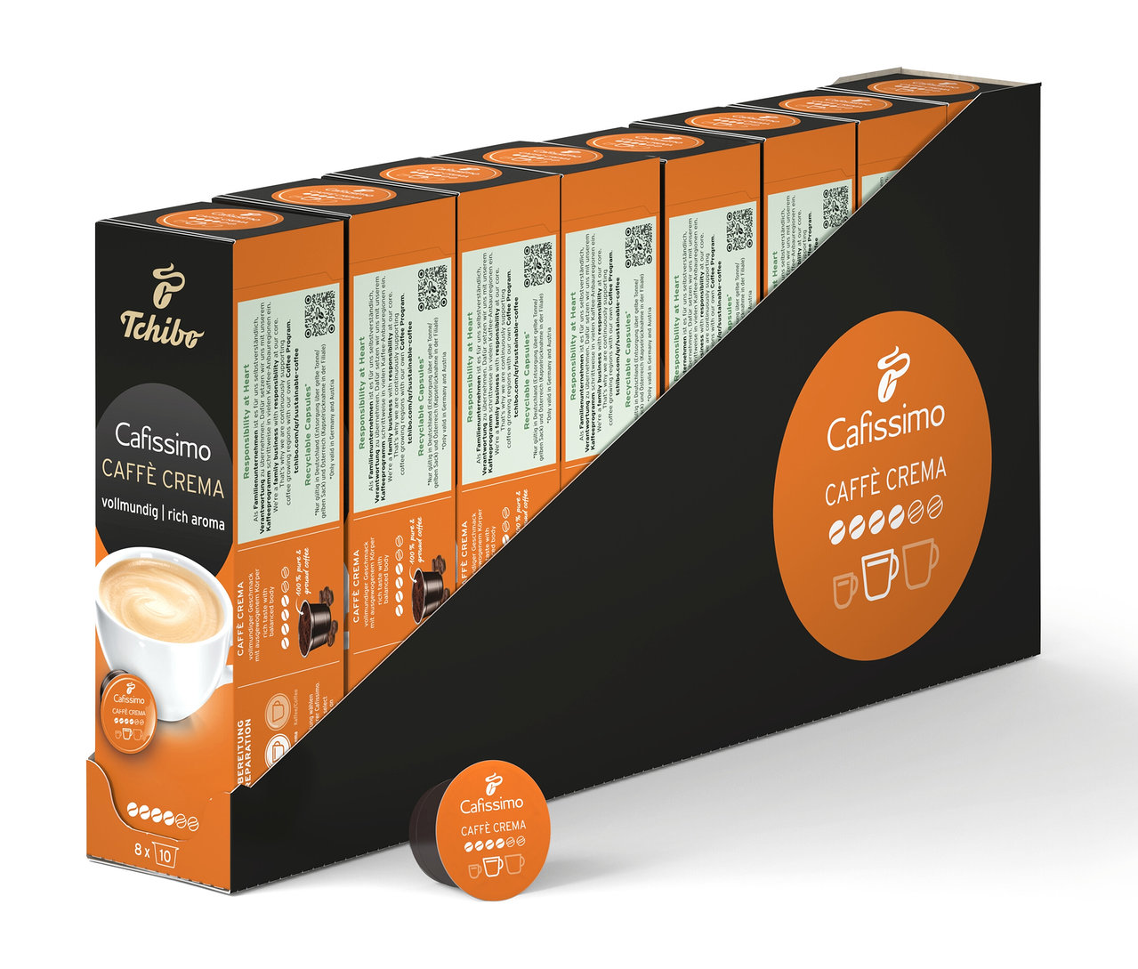V černém držáku je seřazeno několik balení Caffè Crema vollmundig - 80 kapslí.