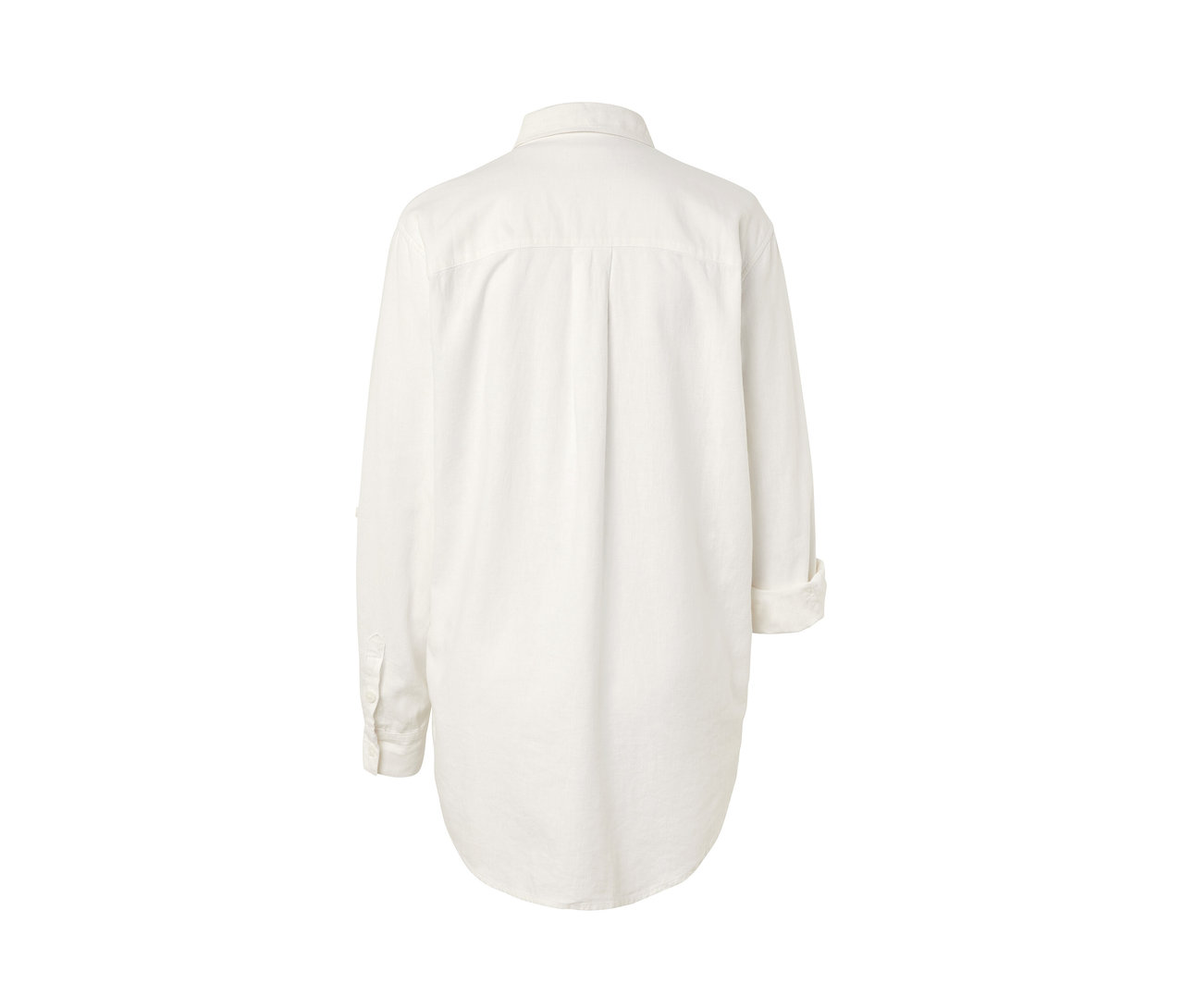 Zadní pohled na dlouhou lněnou halenku, bílé barvy.