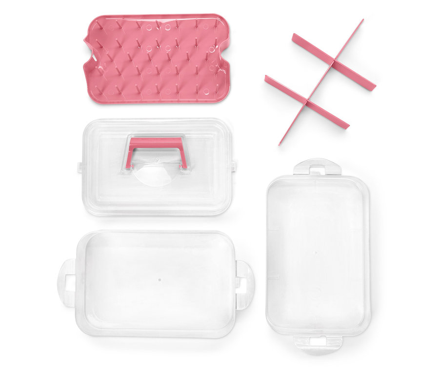 Rozložená plastová úložná nádoba.