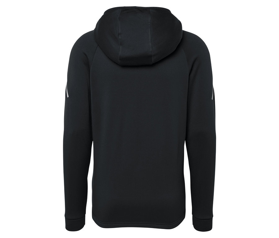 Zadní pohled na černou mikinu s kapucí a dlouhými rukávy.
