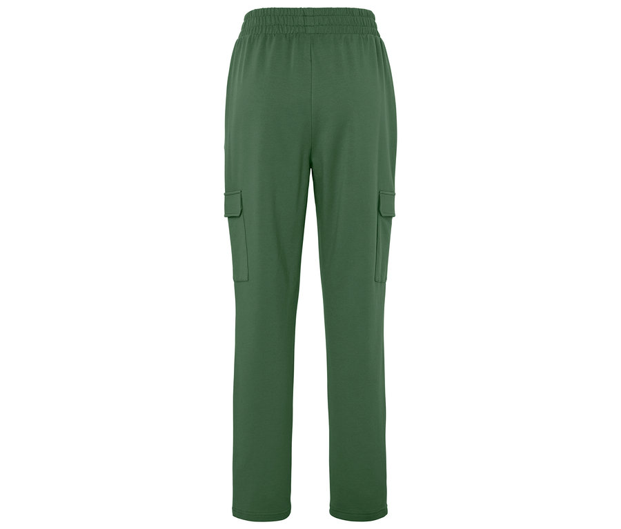Zelené cargo kalhoty s elastickým pasem a bočními kapsami.
