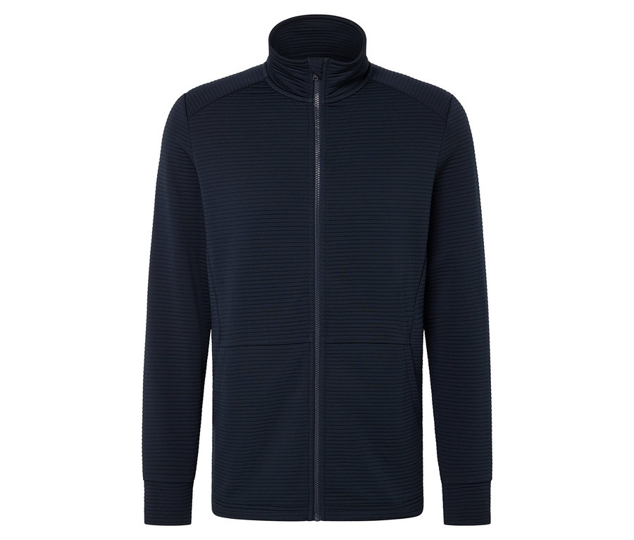 Tmavě modrá pletená bunda na zip s vysokým límcem.