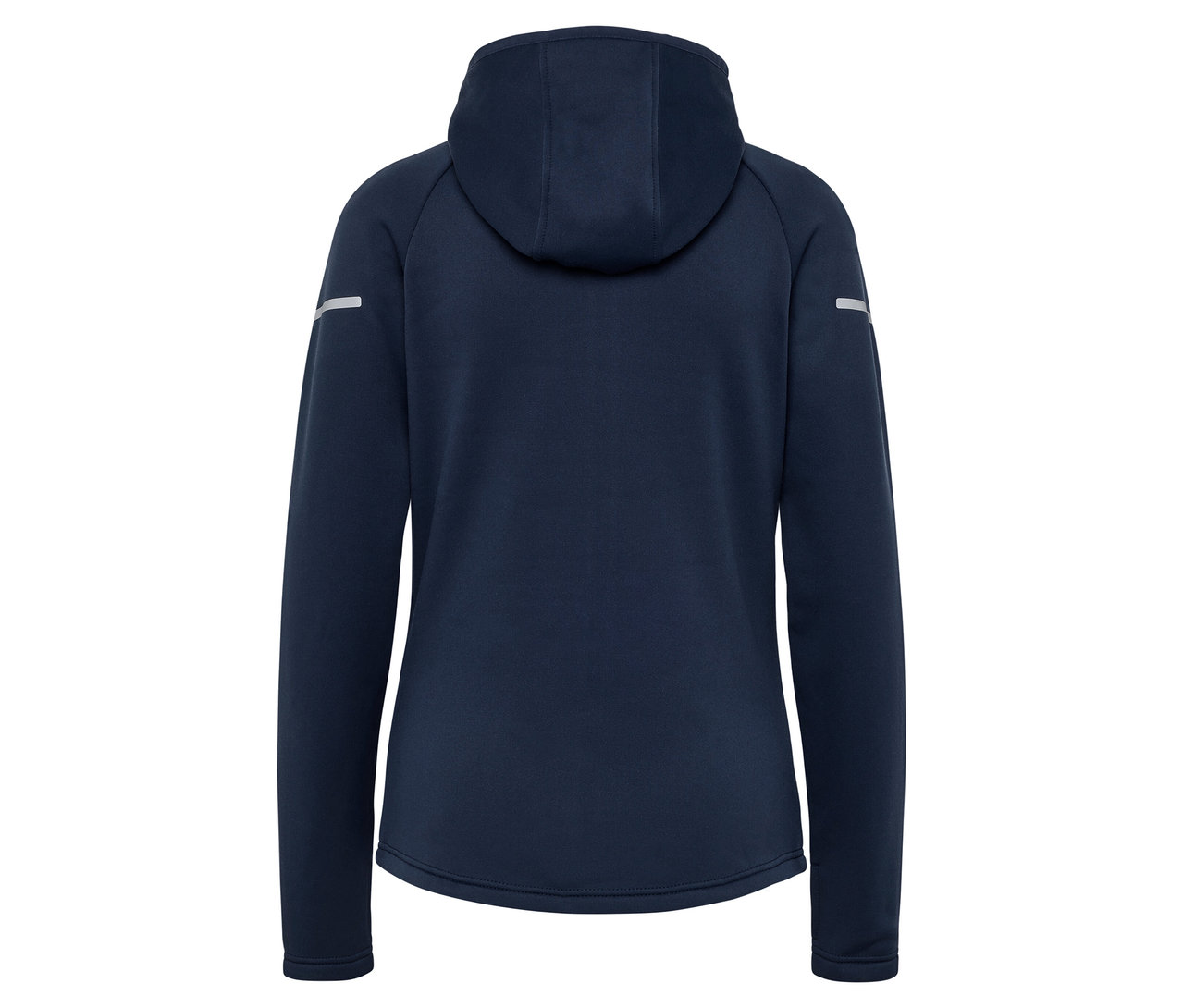 Zadní pohled na tmavě modrou mikinu s kapucí a dlouhými rukávy.