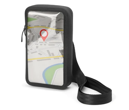 Černá taška na mobilní telefon s průhledným okénkem, ve kterém je vidět mapa s červeným špendlíkem.