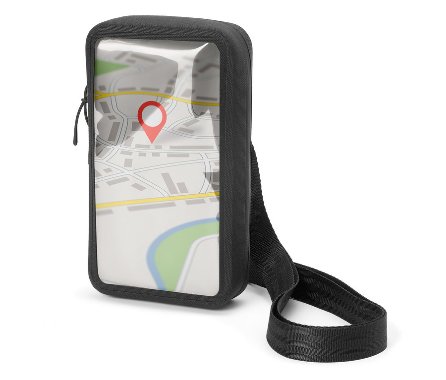 Černá taška na mobilní telefon s průhledným okénkem, ve kterém je vidět mapa s červeným špendlíkem.