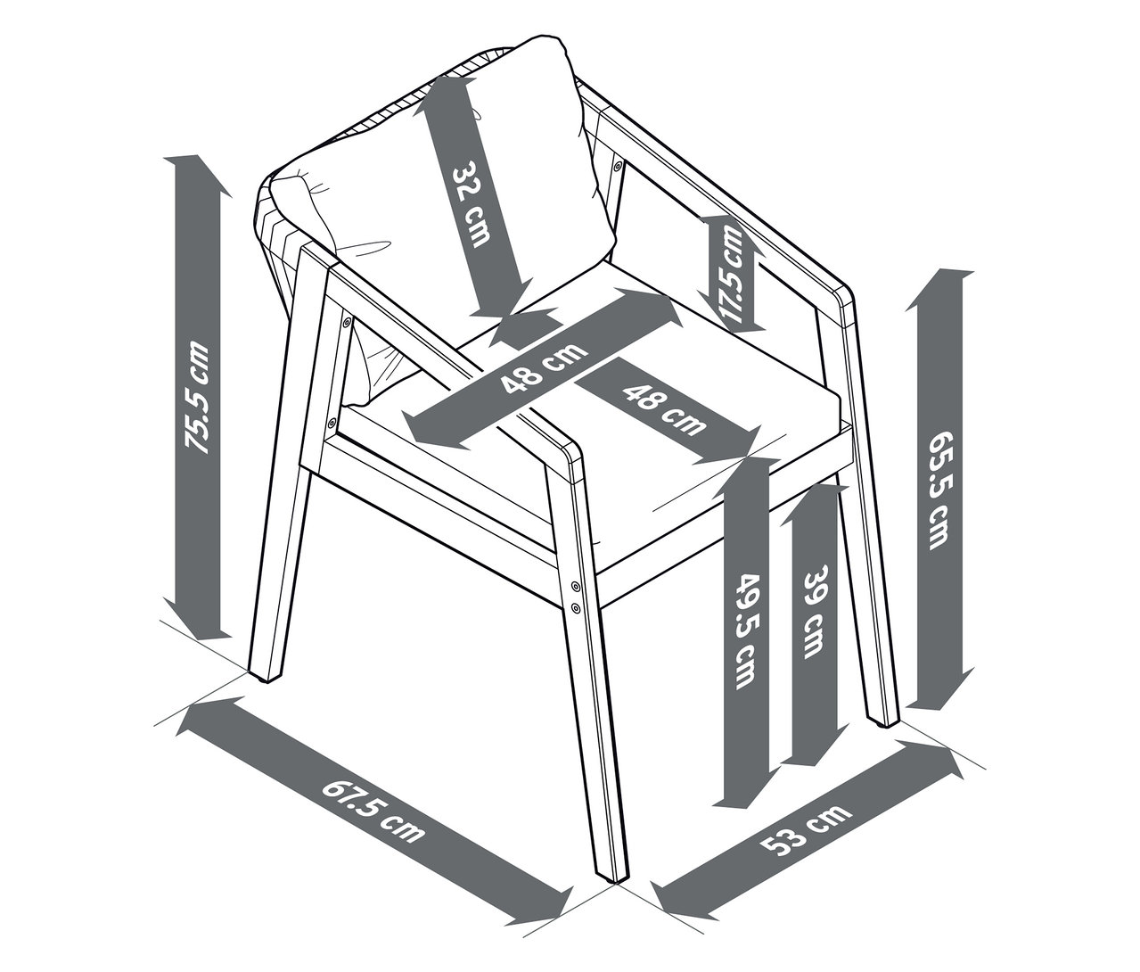 Obrázek klasické zahradní židle s rozměry.