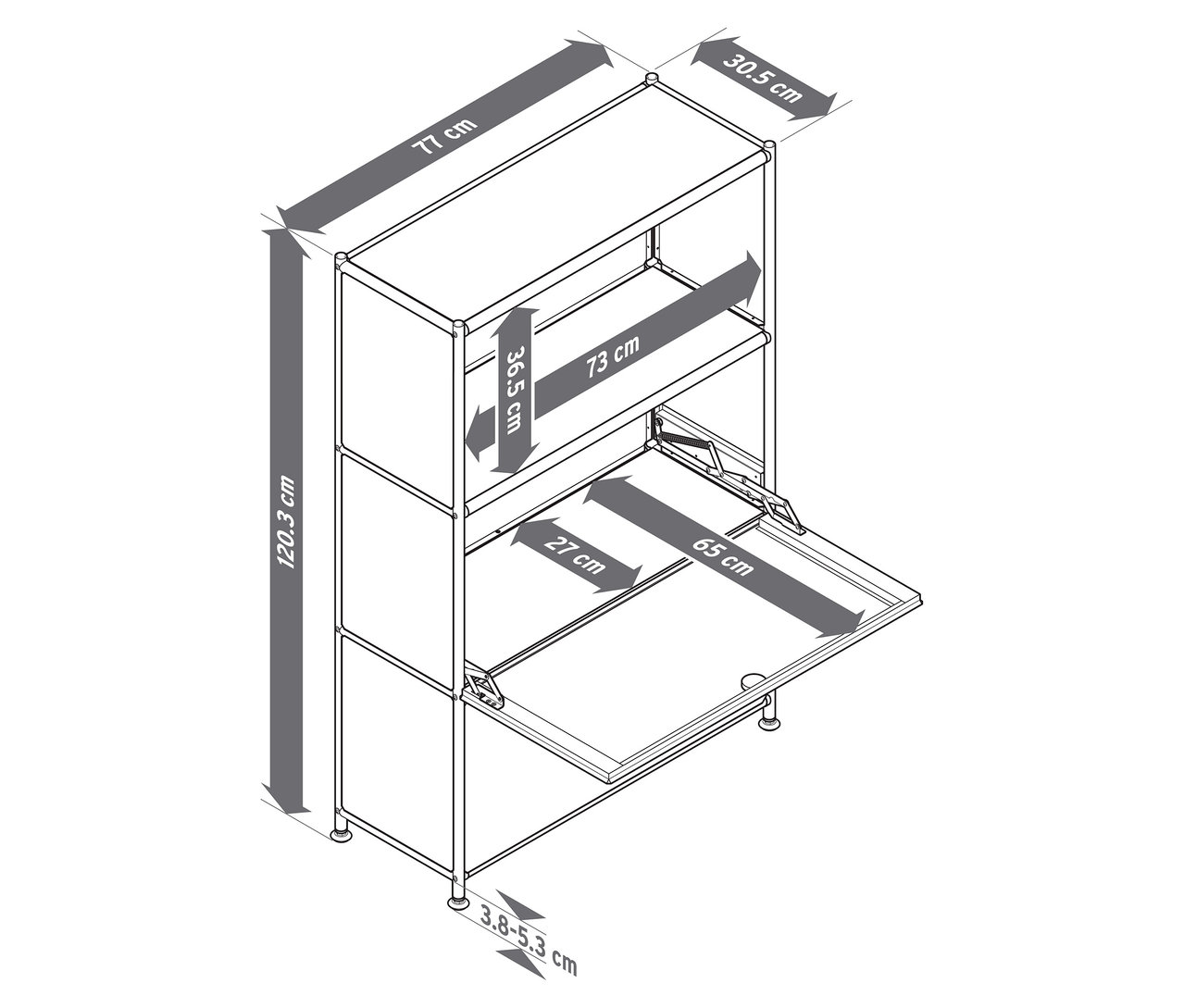 Ilustrace kovové komody »CN3 Slim Line« se 2 přemístitelnými výklopnými dvířky v hnědošedé, bílé a světle šedé barvě s rozměry.