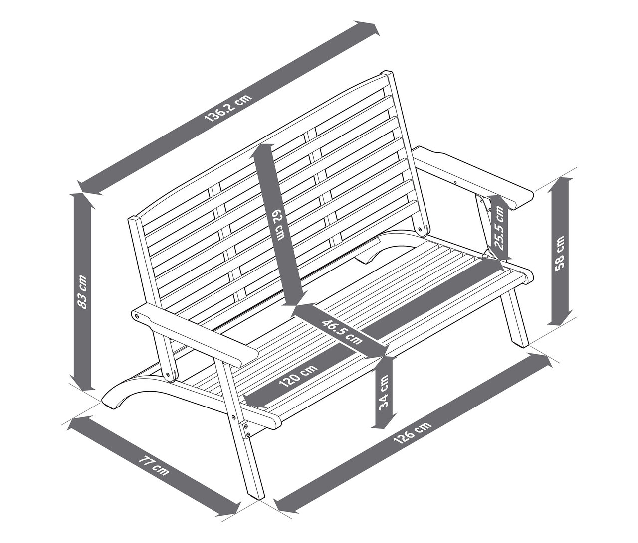 Pohled shora na rozměry skládací zahradní sedací soupravy se 4 díly a prémiovými polštáři.