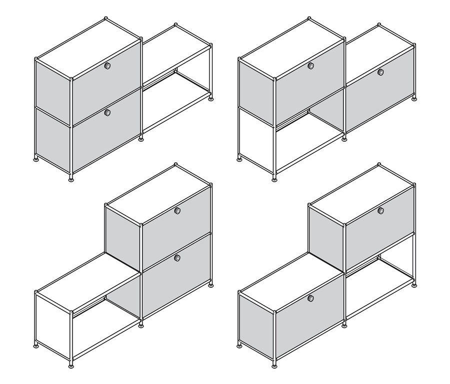 Pohled shora na čtyři kombinace kovových regálů »CN3« se 3 přihrádkami v různých barvách.