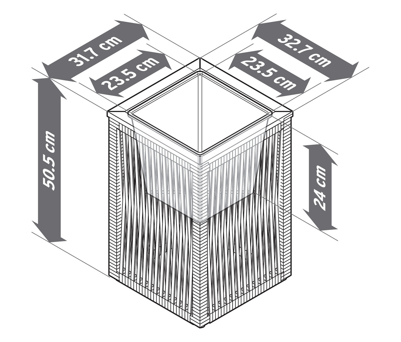 Pohled shora na květináč s textilním výpletem a rozměry.