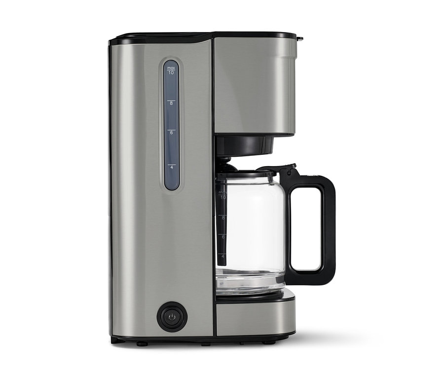 Překapávač na kávu »Let's Brew Elegant«, stříbrný. Kávovar má skleněnou konvici.