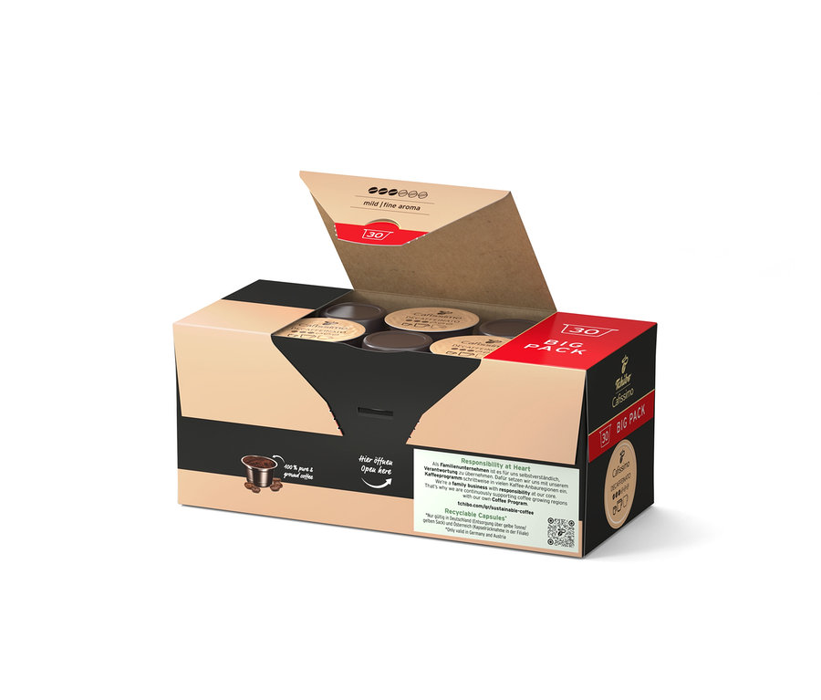 Otevřené balení Cafissimo Decaffeinato s 30 kapslemi.
