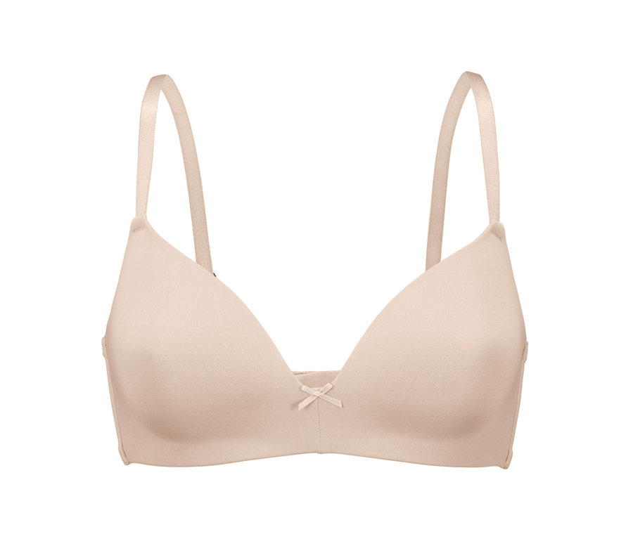 Béžová podprsenka s měkkými košíčky na bílém pozadí.