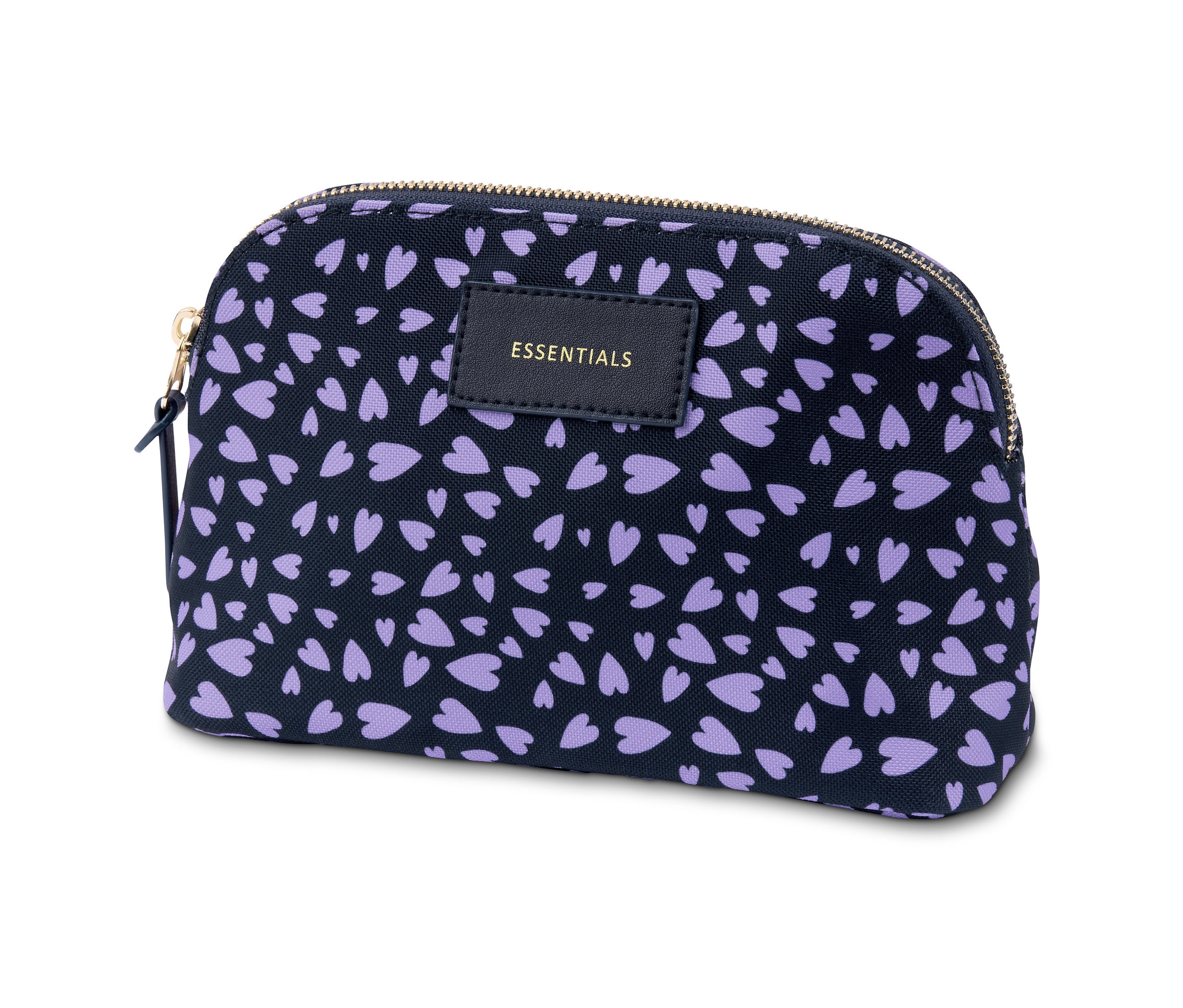 Kosmetická taštička s tmavě modrým pozadím a světle fialovými srdíčky.