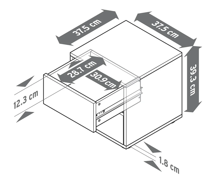 Diagram modulu regálu Flemming s rozměry.