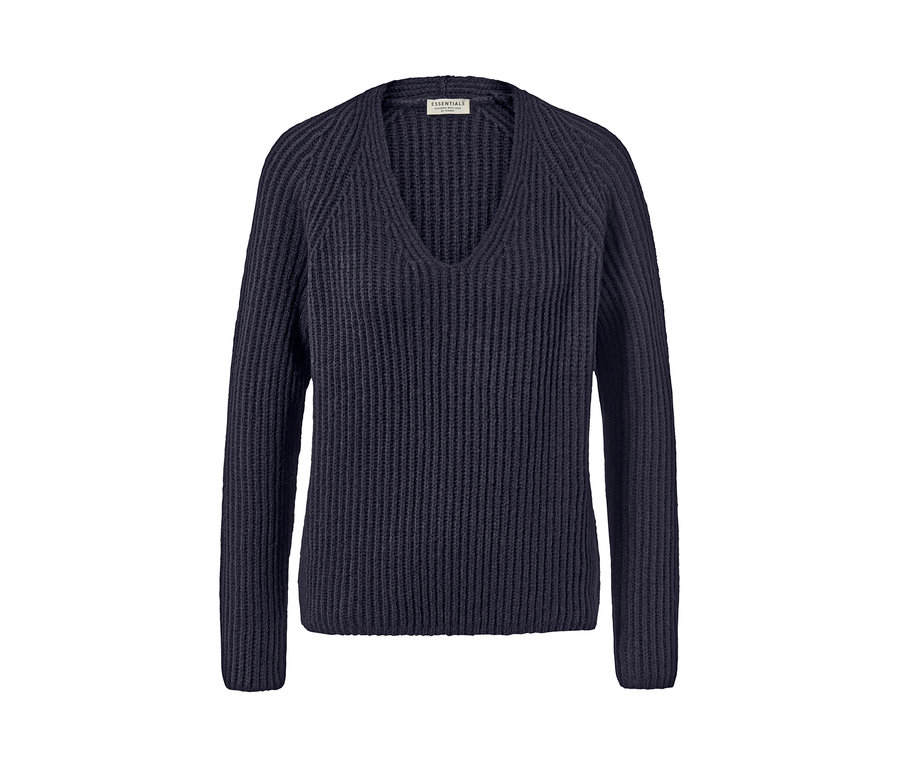 Tmavě modrý svetr z hrubé pleteniny s vlnou s výstřihem do V.