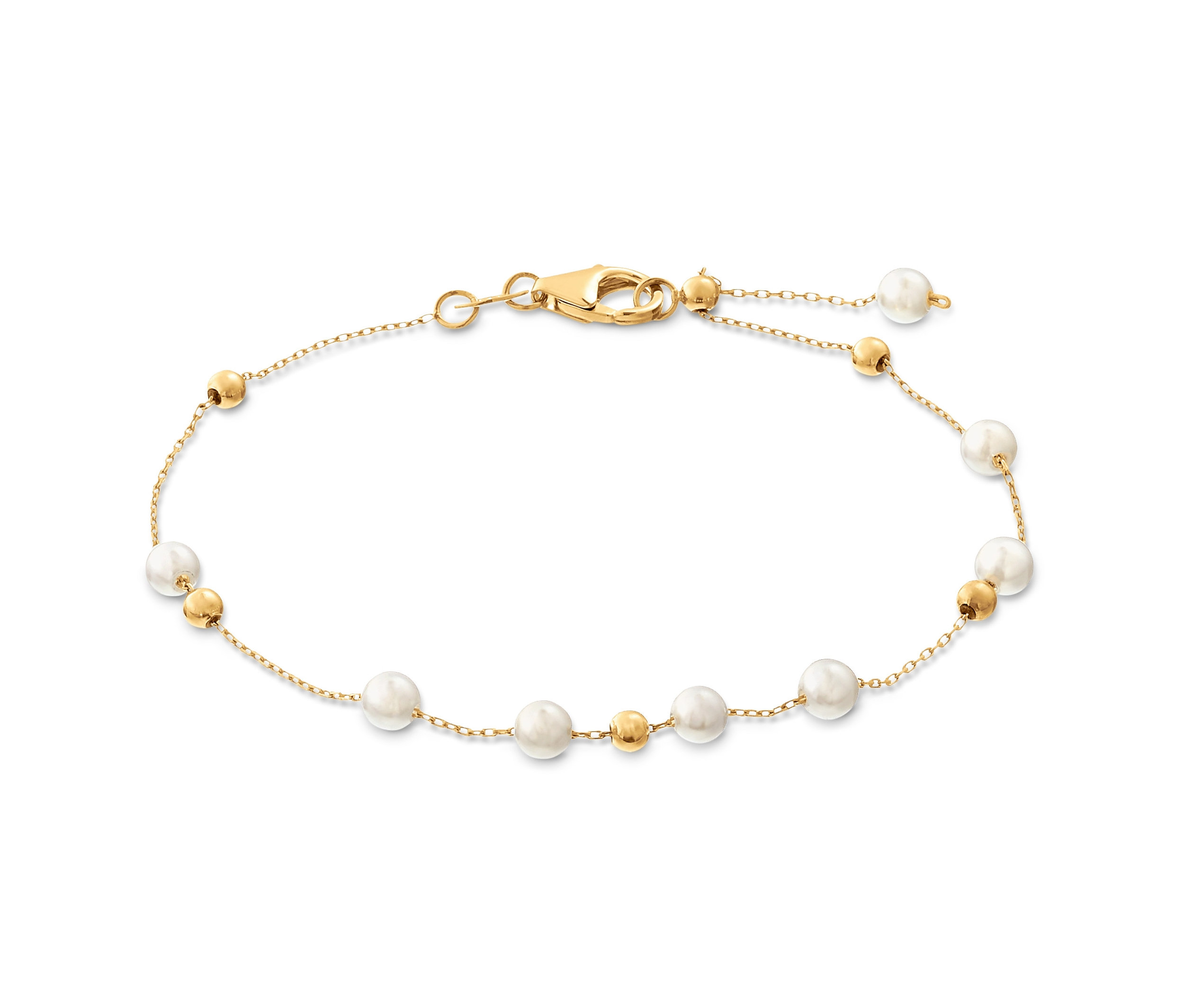 Zlatý náramek s drobnými perlami z lasturového jádra.