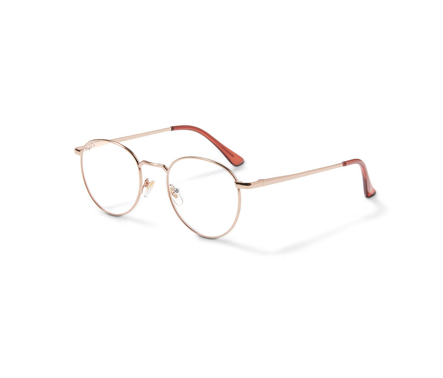 Detailní záběr na brýle s filtrem modrého světla s kulatými obroučkami a hnědými stranicemi.