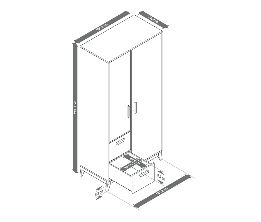 Nákres šatní skříně s otevřeným zásuvkou a vyznačenými rozměry.