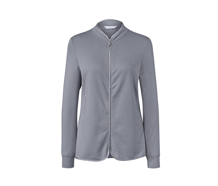 Šedá domácí souprava s dlouhými rukávy a zipem uprostřed.