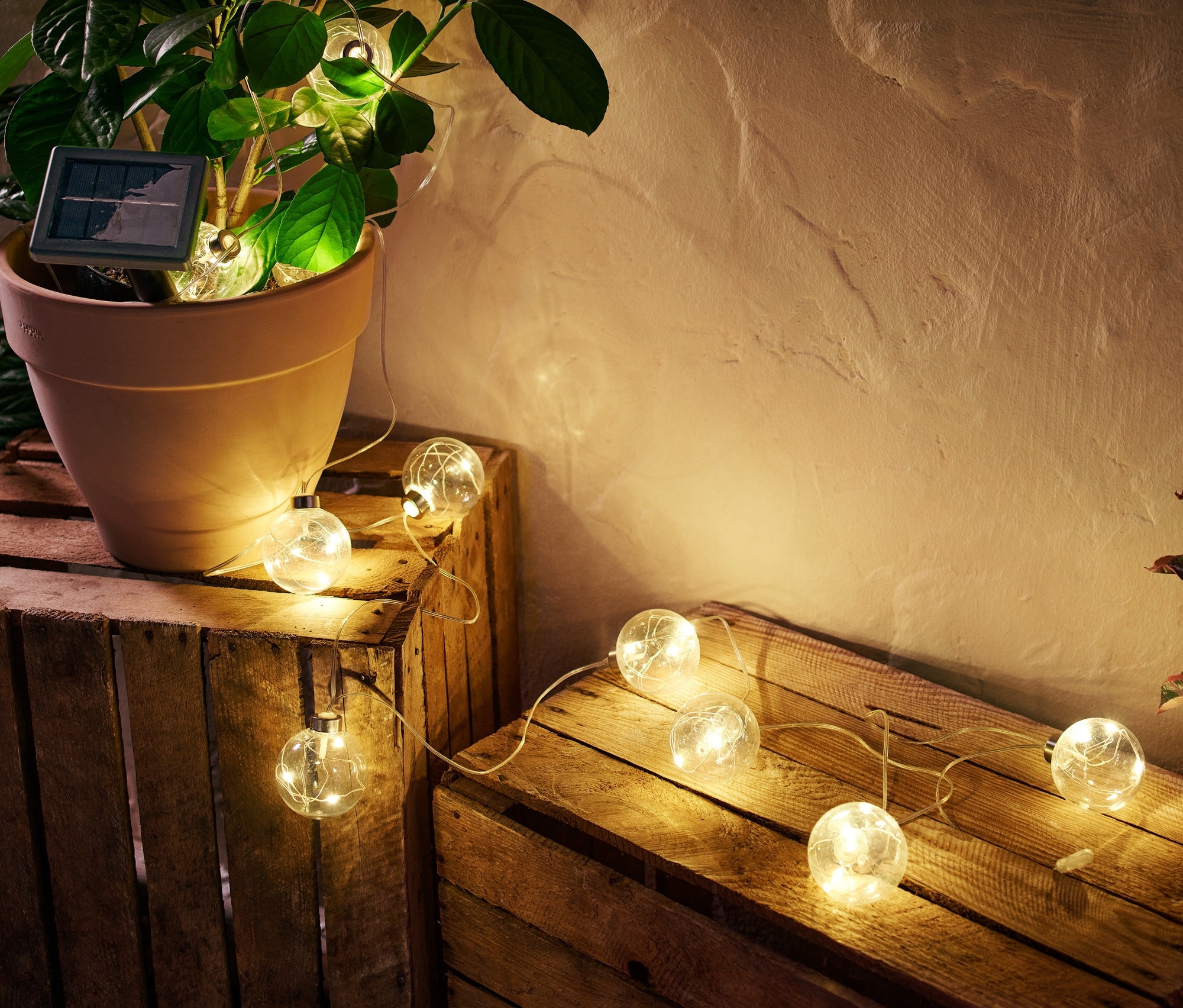 Solární světelný řetěz leží na dřevěných bednách vedle květináče.