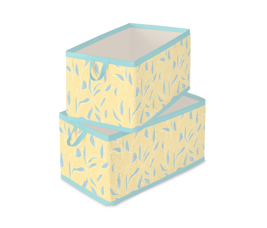 Dva střední úložné boxy do zásuvky na sobě. Boxy jsou žluté s modrými listy a světle modrým lemem.