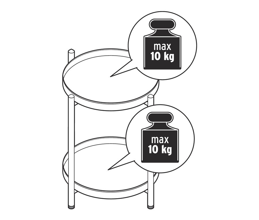 Ilustrace kovového odkládacího stolku s maximální nosností 10 kg.