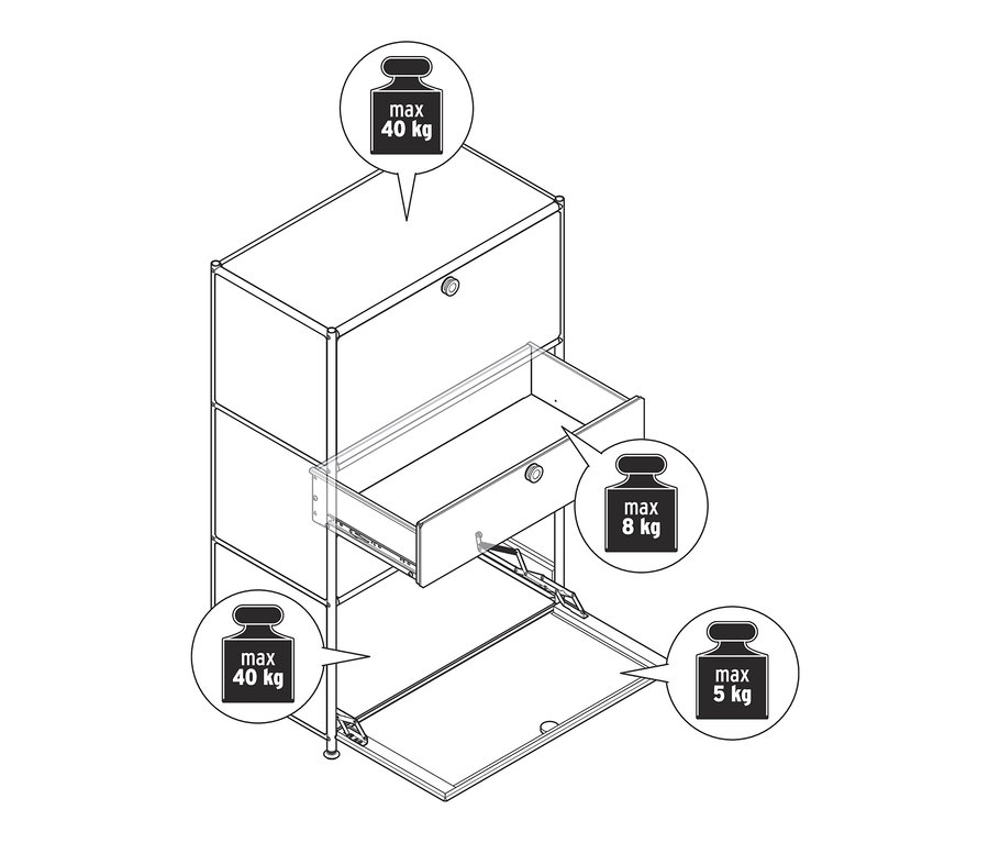 Černobílý nákres kovové komody »CN3« se dvěma výklopnými dvířky a dvěma zásuvkami, jedna zásuvka je otevřená.