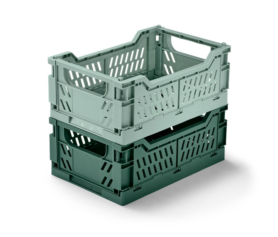 Dvě skládací úložné bedýnky naskládané na sobě.