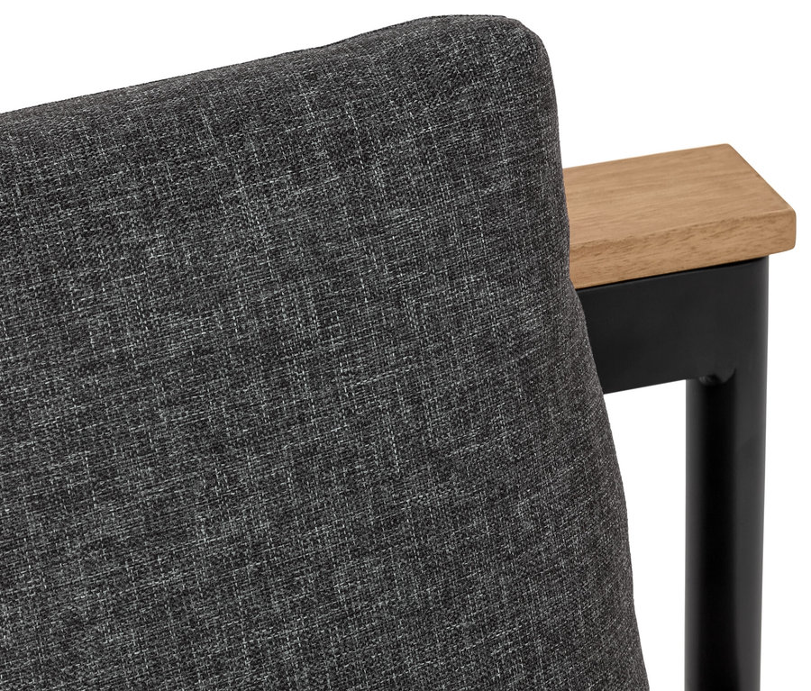 Detail šedé jídelní lavice a lehátka »Elin« 2 v 1 s dřevěnou područkou a černou kovovou nohou.