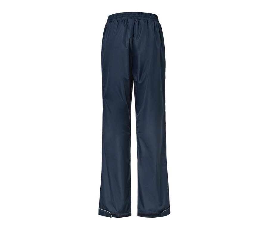 Tmavě modré unisexové kalhoty do deště s elastickým pasem.