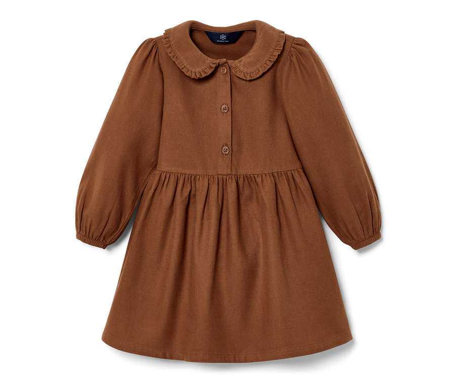 Dětské tkané šaty, koňakové, s dlouhými rukávy a límečkem.