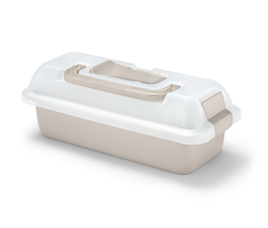 Hranatá forma s přepravním víkem béžové a bílé barvy.