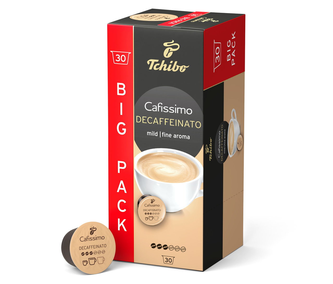 Svisle stojí balení Tchibo Cafissimo Decaffeinato - 30 kapslí. Vedle leží kapsle.